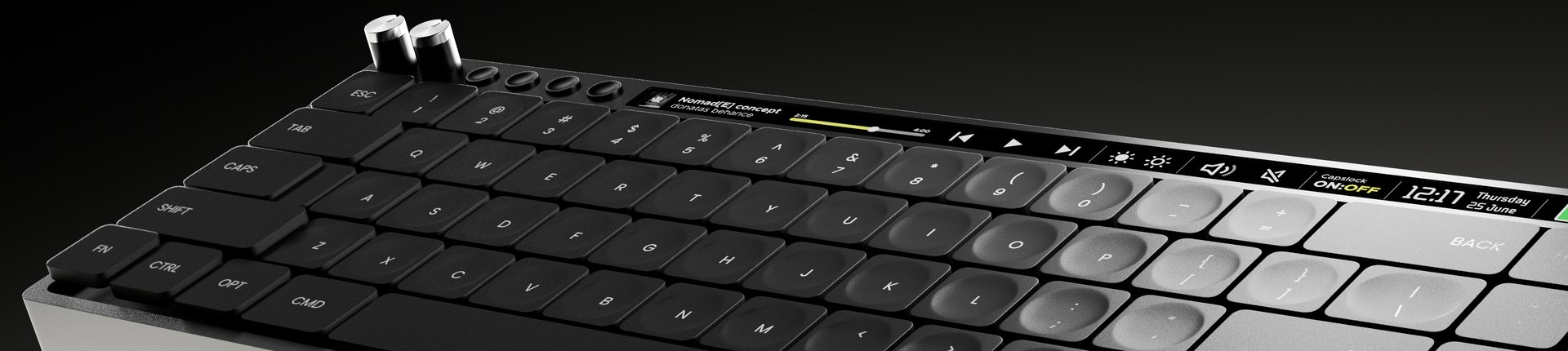 Mono Keyboard CGI render - low three-quarter view along the deck, matte black keys fading to backlit white with the OLED status strip lit