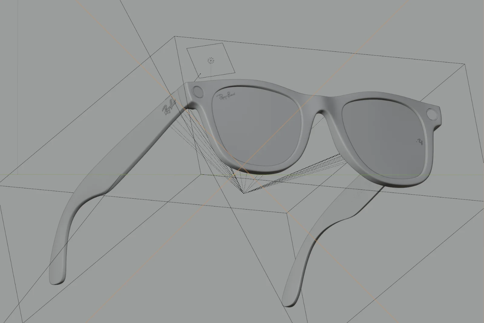 Wireframe view of a Ray-Ban Meta frame over the final surface