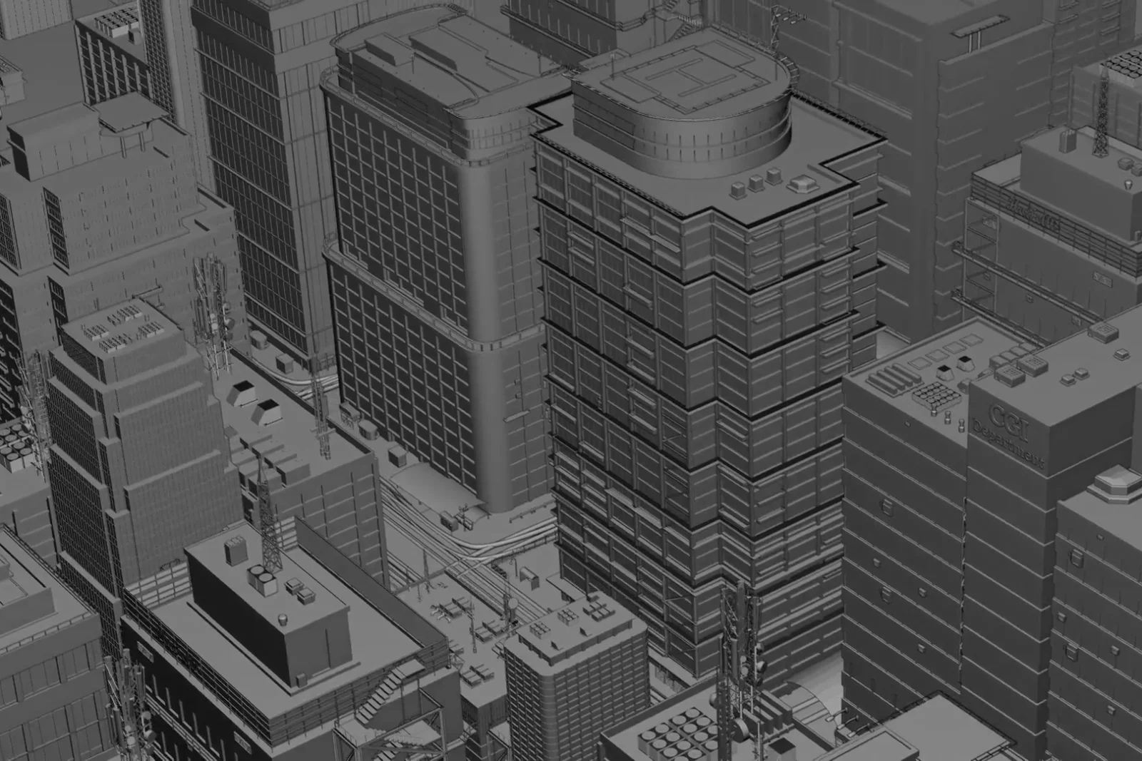 Untextured matcap build view of a city scene